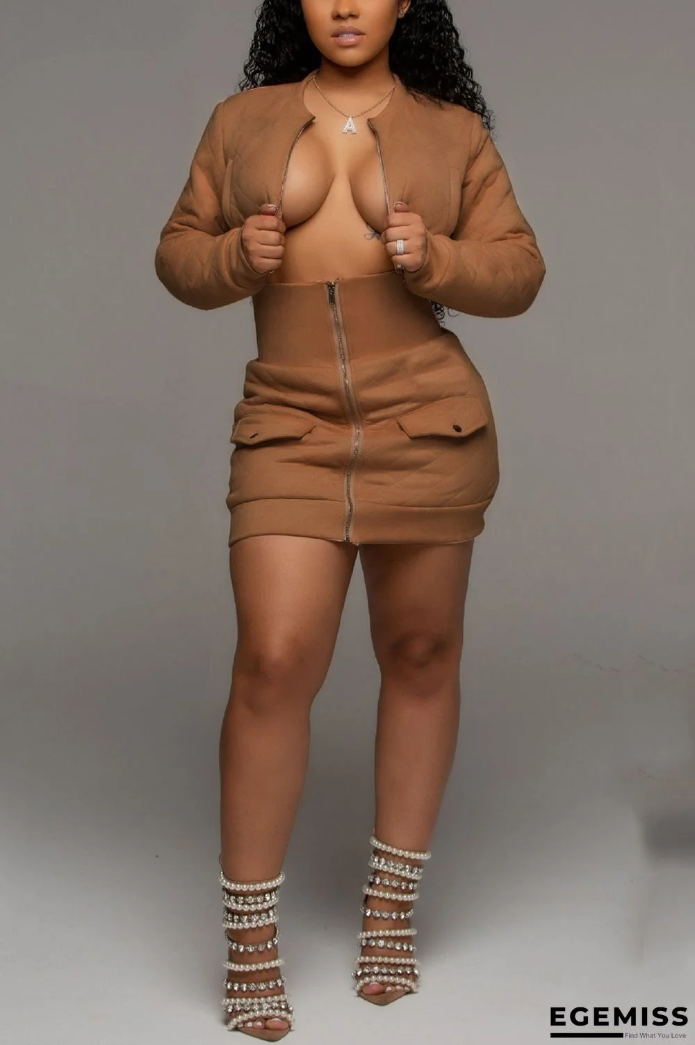 Khaki Sexy Round Collar Zipper Two Piece Suit | EGEMISS
