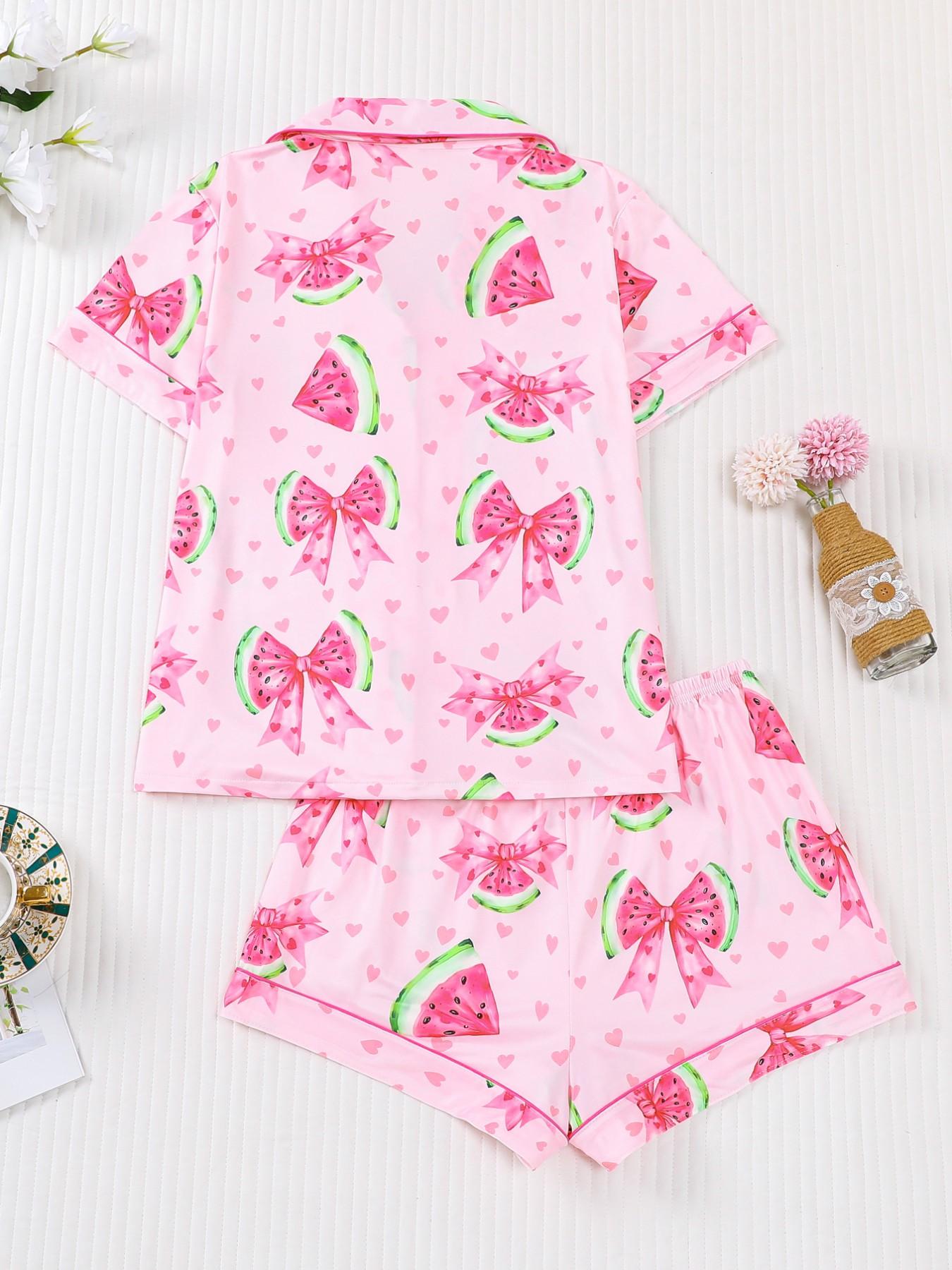 Women's 2-Piece Waffle Printed Sleepwear Set, Pajama Set, Short Sleeve Button-Up Top & Elastic Shorts, Casual All-Season Home Wear