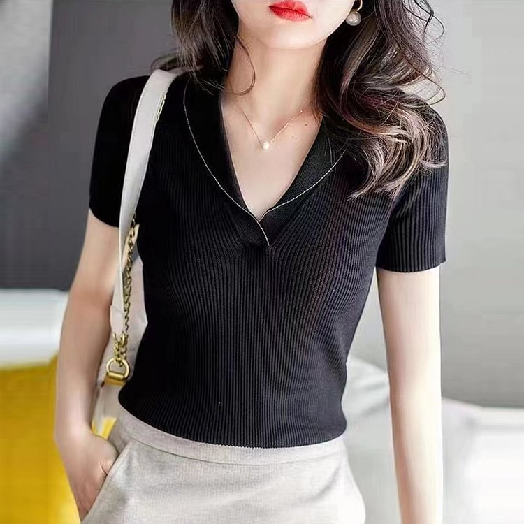 Black Casual Short Sleeve Knitted Shirts & Tops
