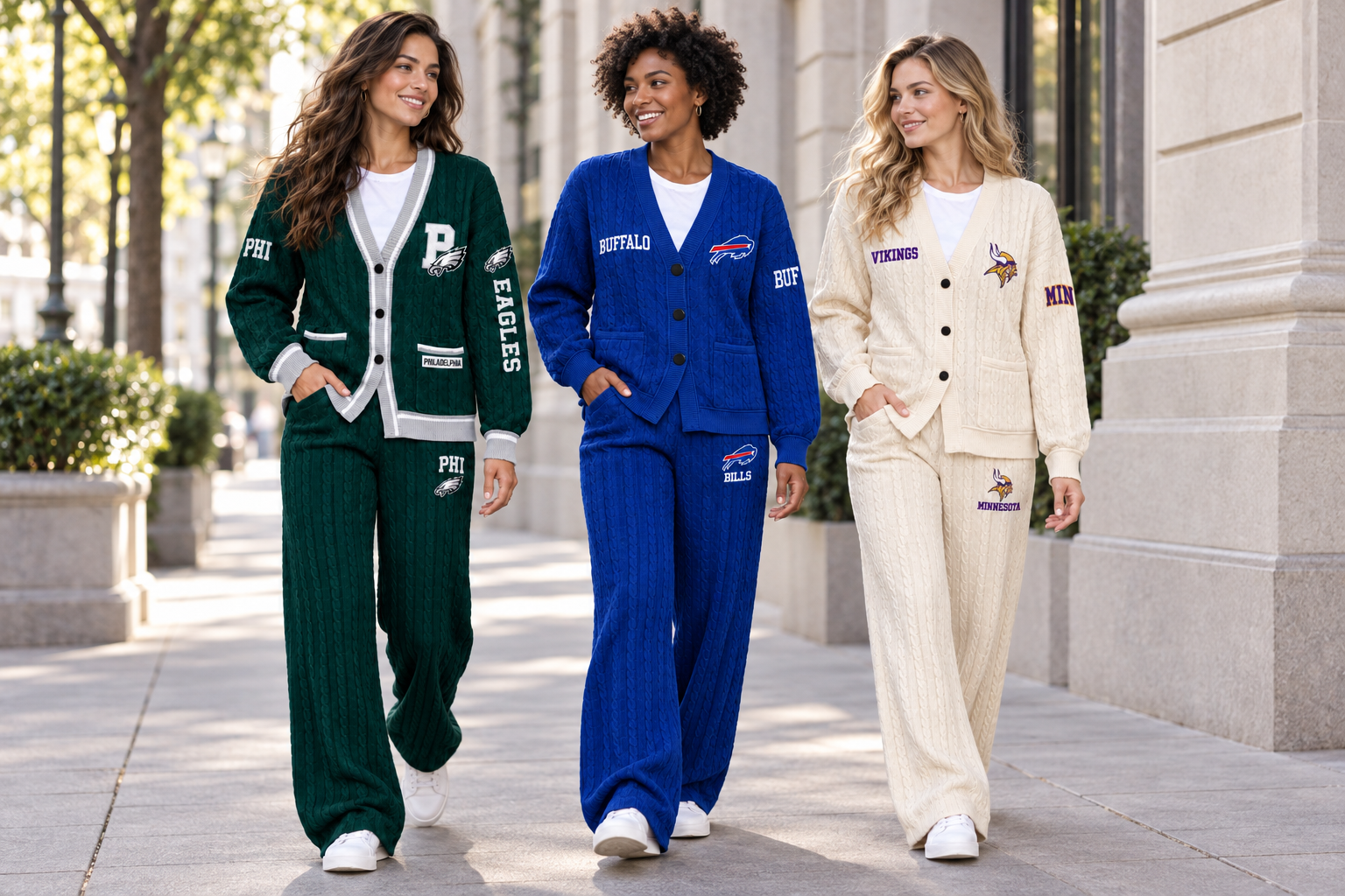Three women showing different team colors and graphics on matching knit sets in a street-style photograph.