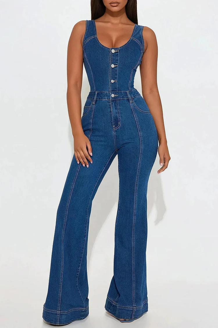 U Neck Button Up Flared Leg Denim Wide Straps Sleeveless Jumpsuit-Blue