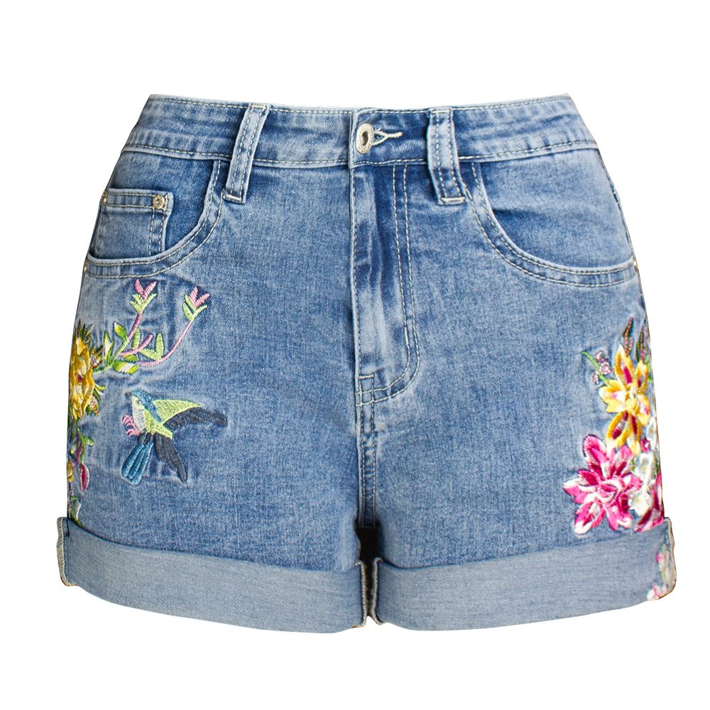 Wide Leg Shorts Plus Size Exquisite Embroidered Flowers Denim Women Jeans