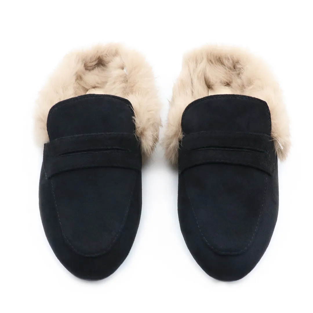Backless Rabbit Fur Slippers Suede Mules Shoes-vocosishoes