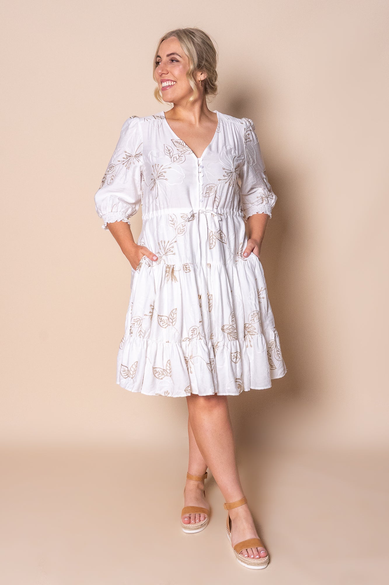 Prue Floral Embroidery Dress in White