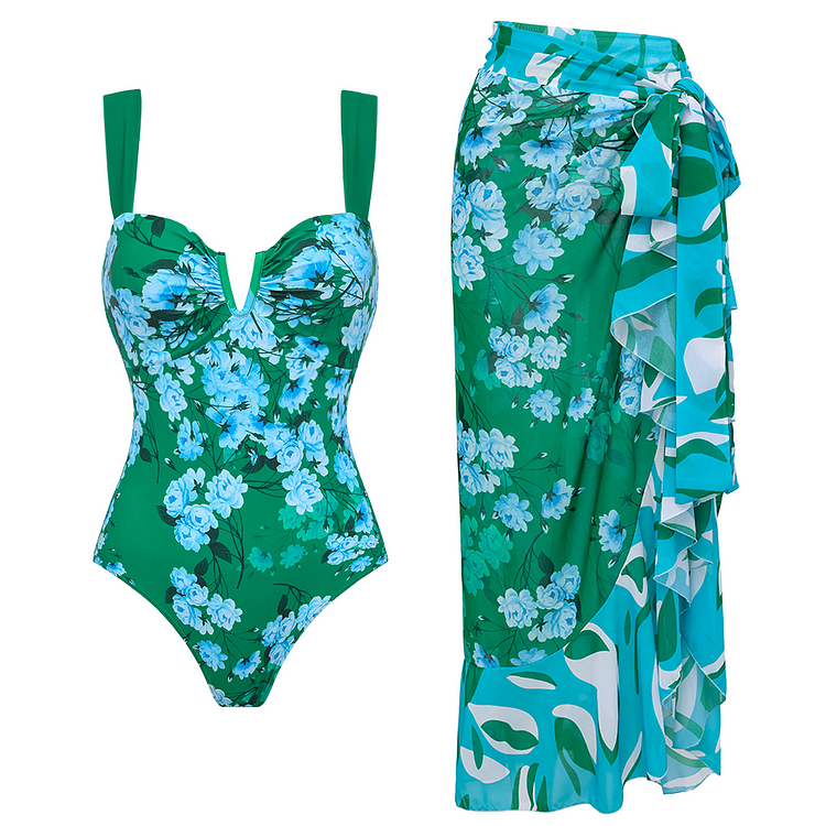 Floral Printed One Piece Swimsuit and Sarong