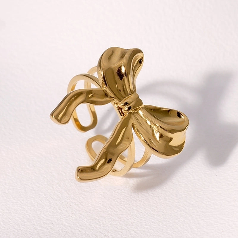 Cute Sweet Minimalist Bow Knot 304 Stainless Steel 18K Gold Plated Open Rings