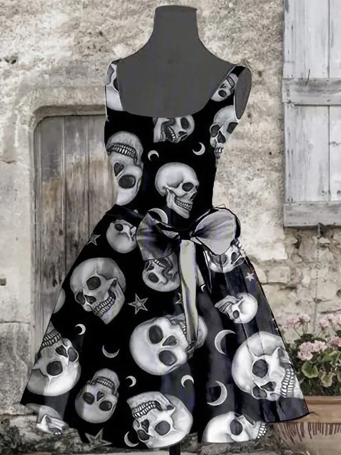 Halloween Goth Skull Print Sleeveless Gown(Skirt without skirt support socialshop