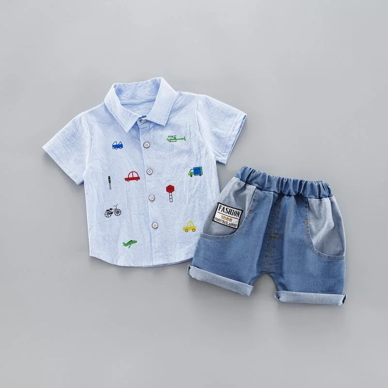 Summer Kids Toddler Boy Clothing Set Car Shirt Jeans 1 2 3 4 Years Short Sleeve Cotton Suit Children Clothes Boys Outfit