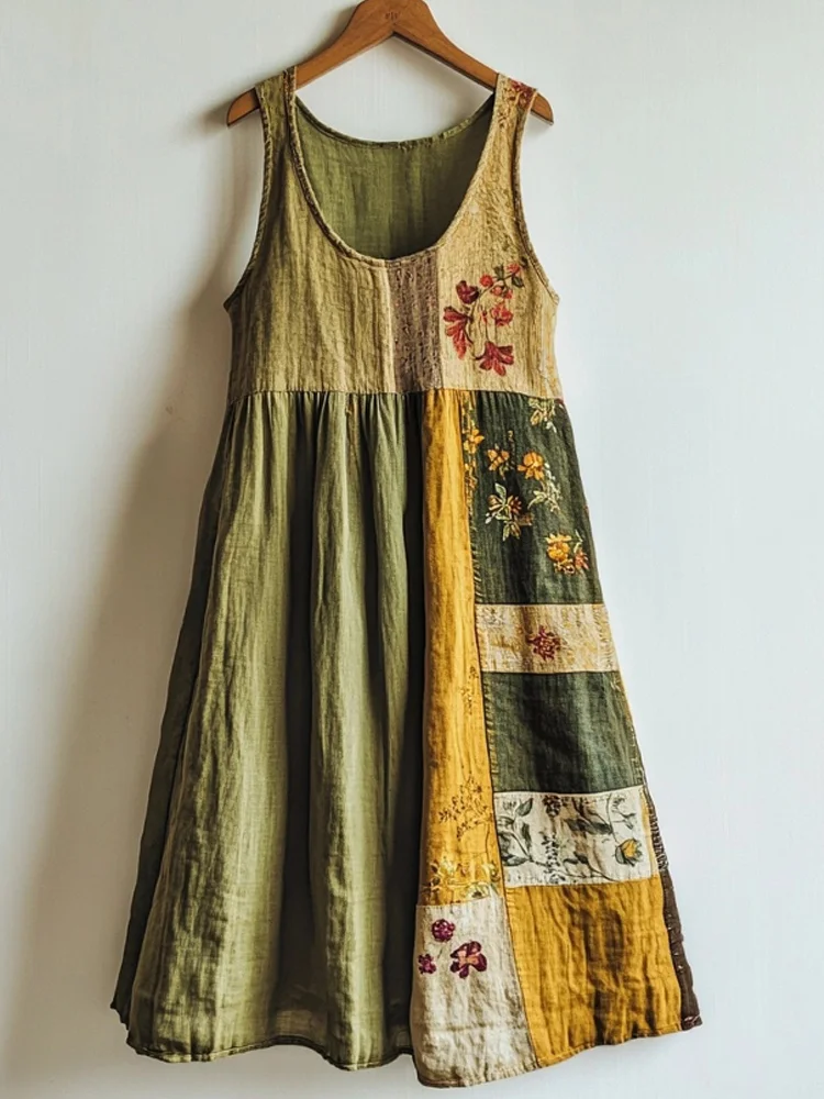 Simpfit Patchworkkleid aus Nachahmung aus Nachahmung aus Baumwolle und Leinen mit Vintage-Blumenmuster