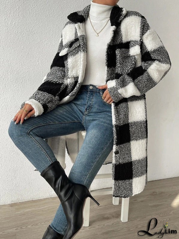 Autumn and Winter Open Buckle Lapel Plush Plaid Coat Loose Commuter Long Coat