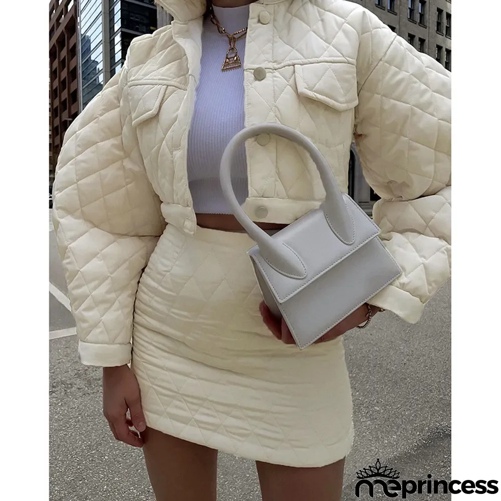 Women Turndown Collar Long Sleeve Diamond Padded Jacket and Skirt Two Piece