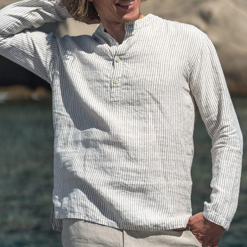 Men's Light Linen Striped Stand Collar Long Sleeve Shirt