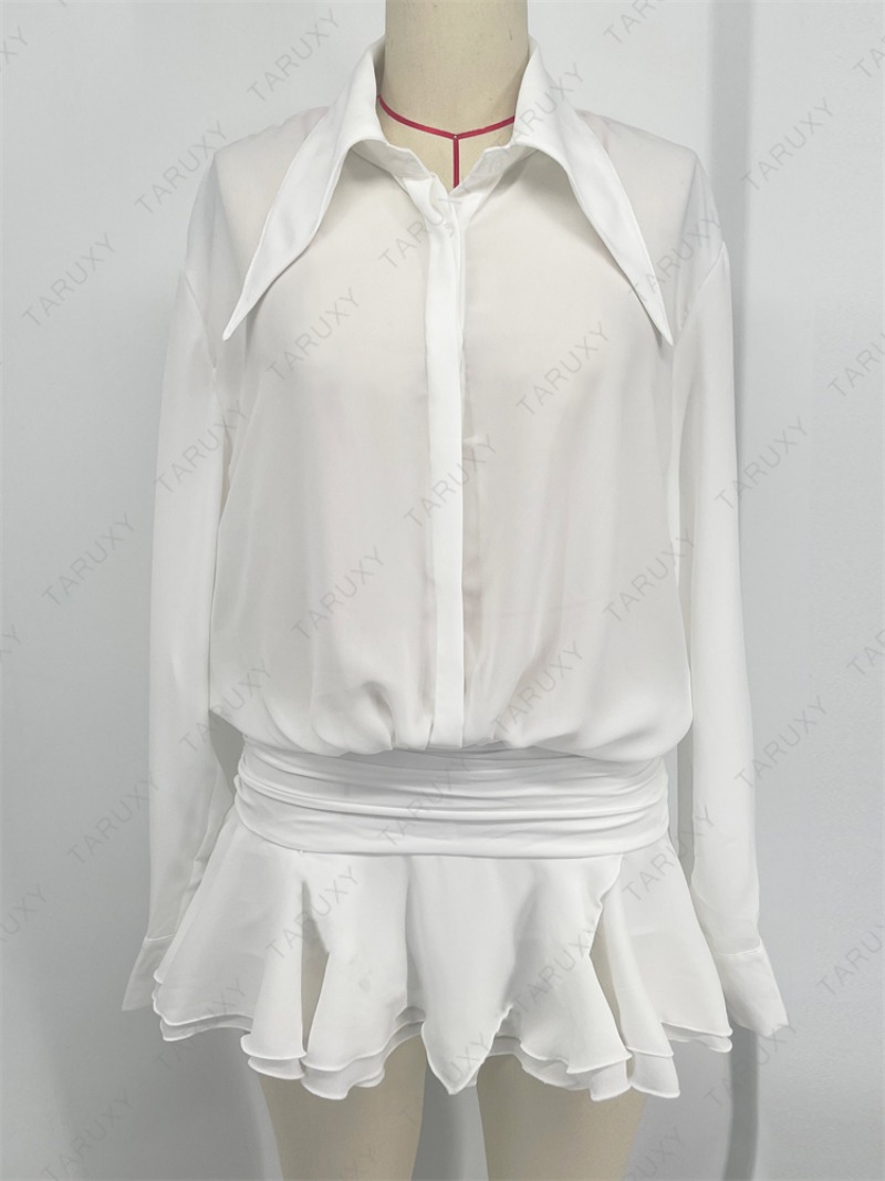 Ootddress White Chiffon Mini Dress For Women Casual Loose Oversized Pleated Mini Dress See-through Summer Beach Elegant Shirt Dress