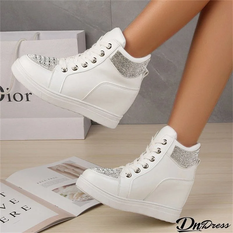 Women's Trendy High Top Lace Up Wedge Heels Rhinestone Boots