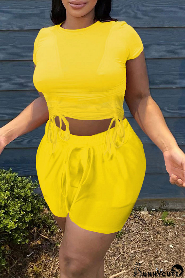 Yellow Fashion Solid Draw String O Neck Short Sleeve Two Pieces