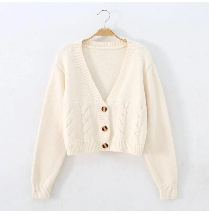 Winter Single-breaste Knit Cardigan Sweater All-match Vintage Women Jacket Autumn Short High Waist Solid Sweater Top Femme 17287