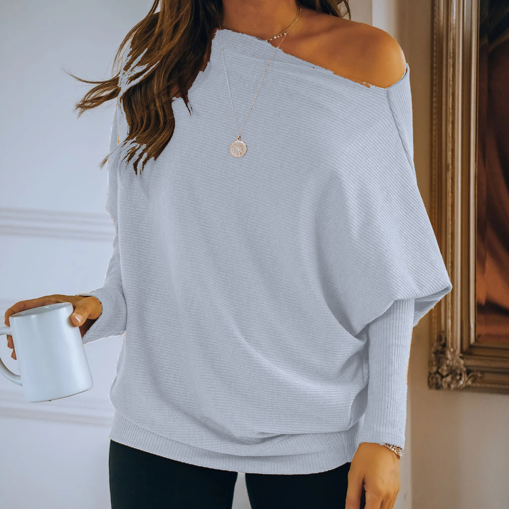 Women's Sloping Shoulder Long-Sleeved Loose Knit Pullover Sweater