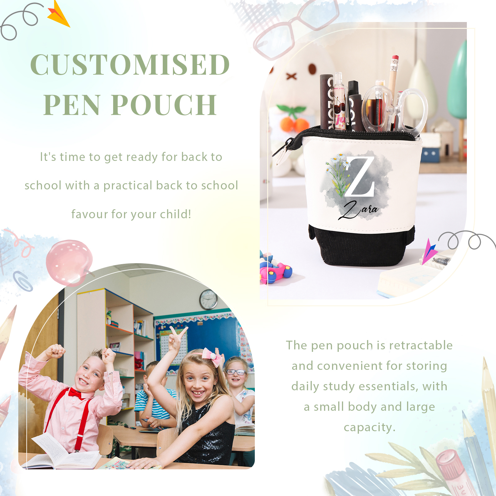 Astuccio per matite personalizzato con 1 nome e 1 lettera e 1 fiore di nascita regalo per scuola elementare bambini