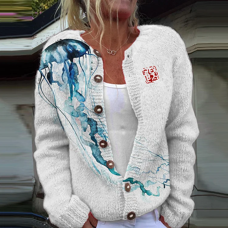 Japanese Art Jellyfish Print Knitted Cardigan