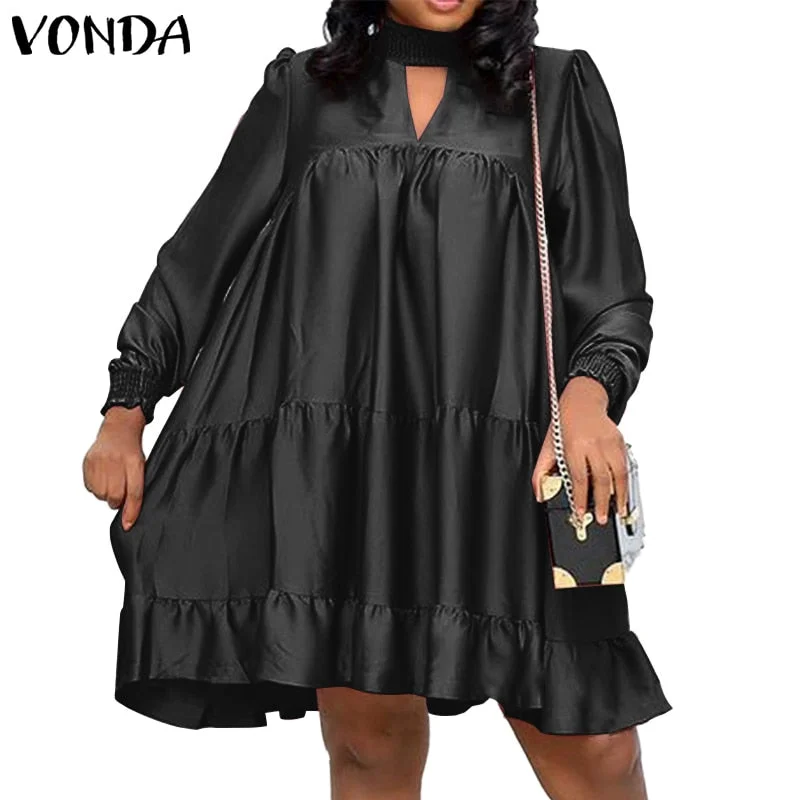 Women Satin Shirt Dress Elegant Knee-Length Dress 2022 VONDA Female Casual Solid Color Lace Long Sleeve Vestido  Robe