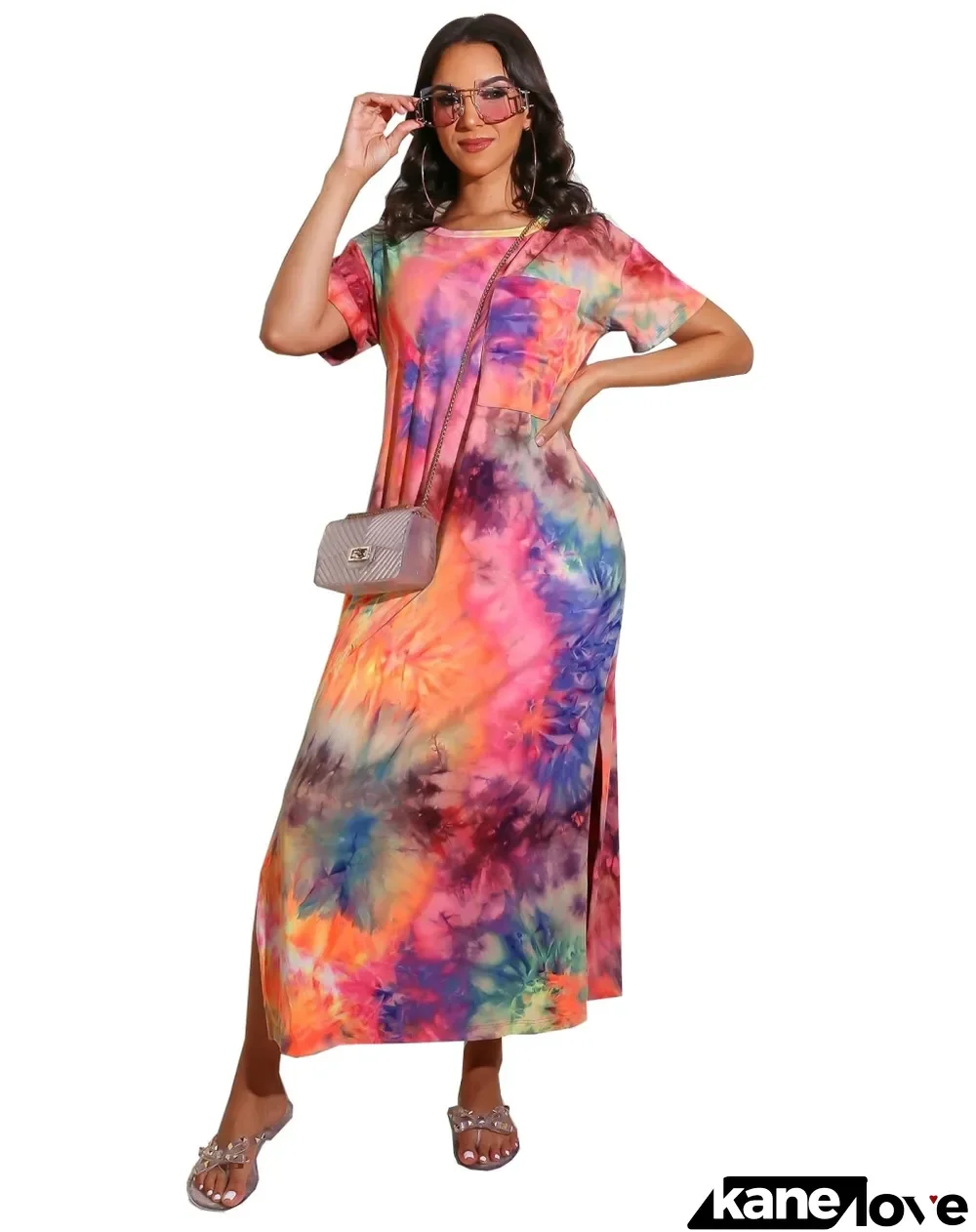 Summer Tie Dye Side Slit Long Shirt Dress