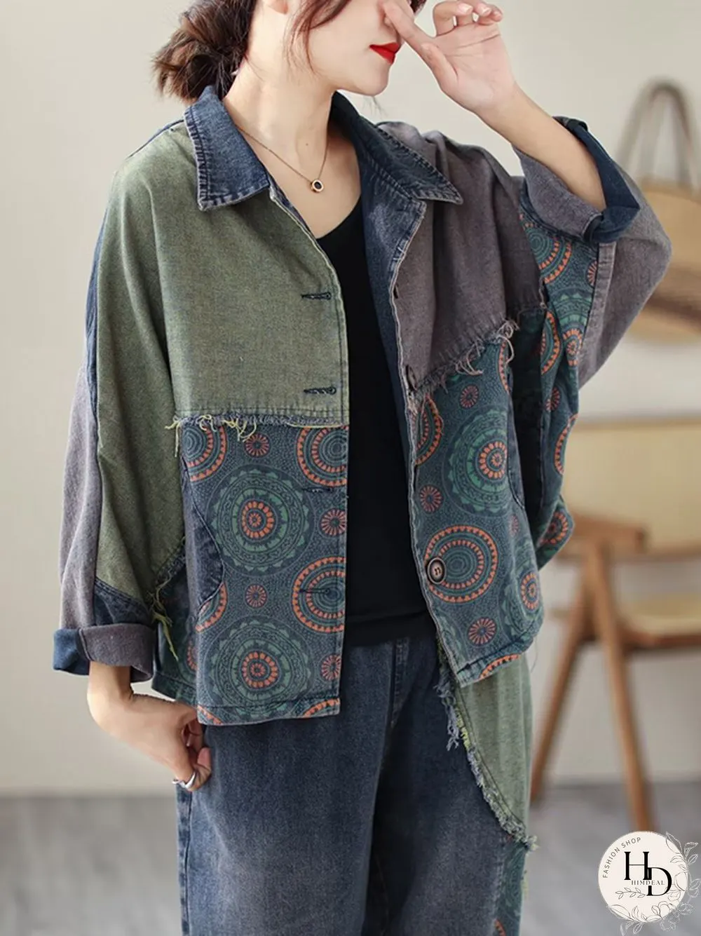 Contrast Color Fringed Split-Joint Long Sleeves Printed Outwear Harem Pants Two Pieces Set