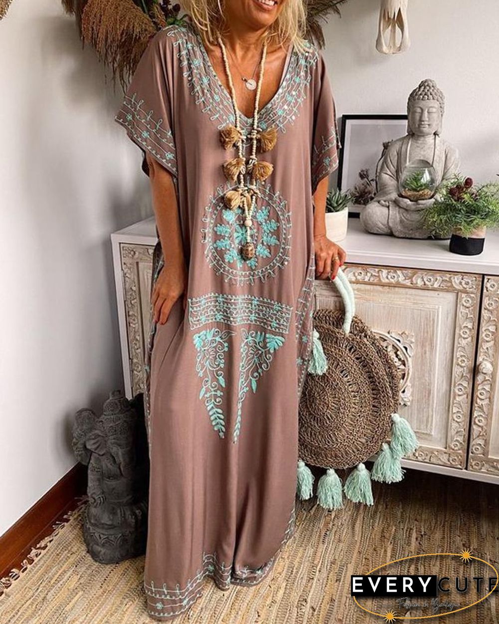 Retro Geometric Pattern Split Hem Loose Maxi Dress P14355