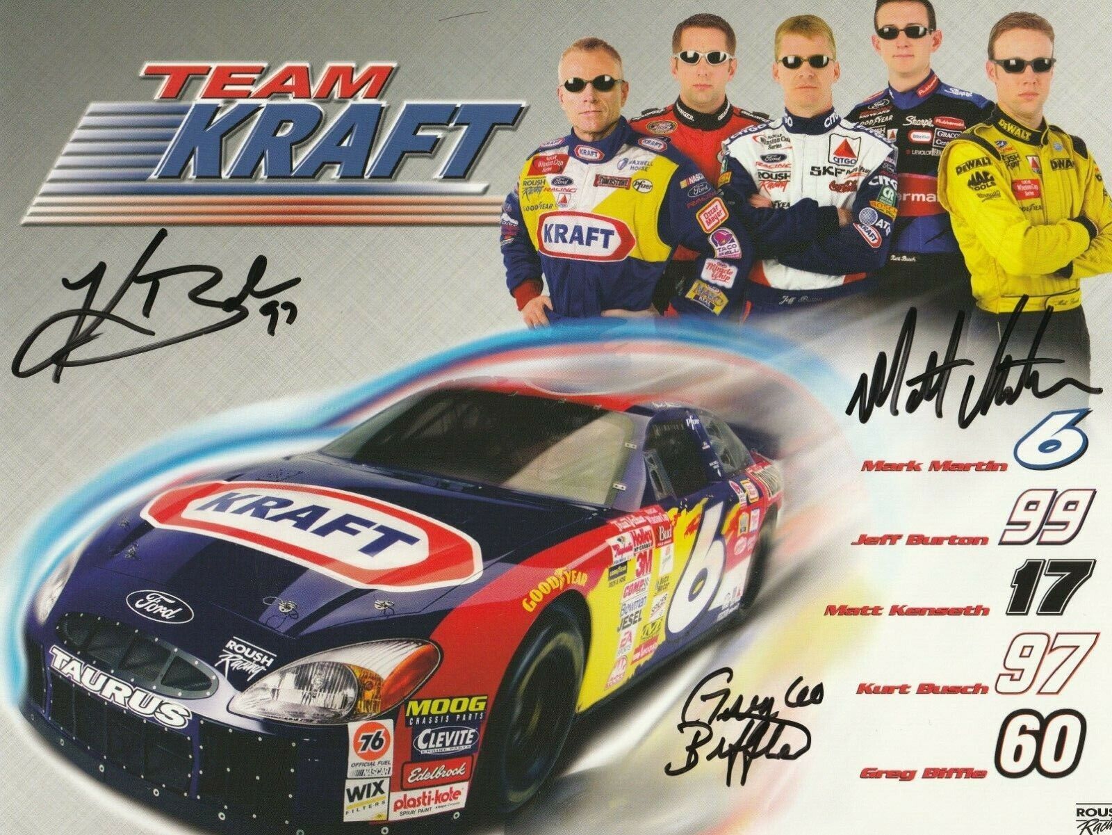 MARK MARTIN, GREG BIFFLE & KURT BUSCH Signed Oversized CARD w/ COA