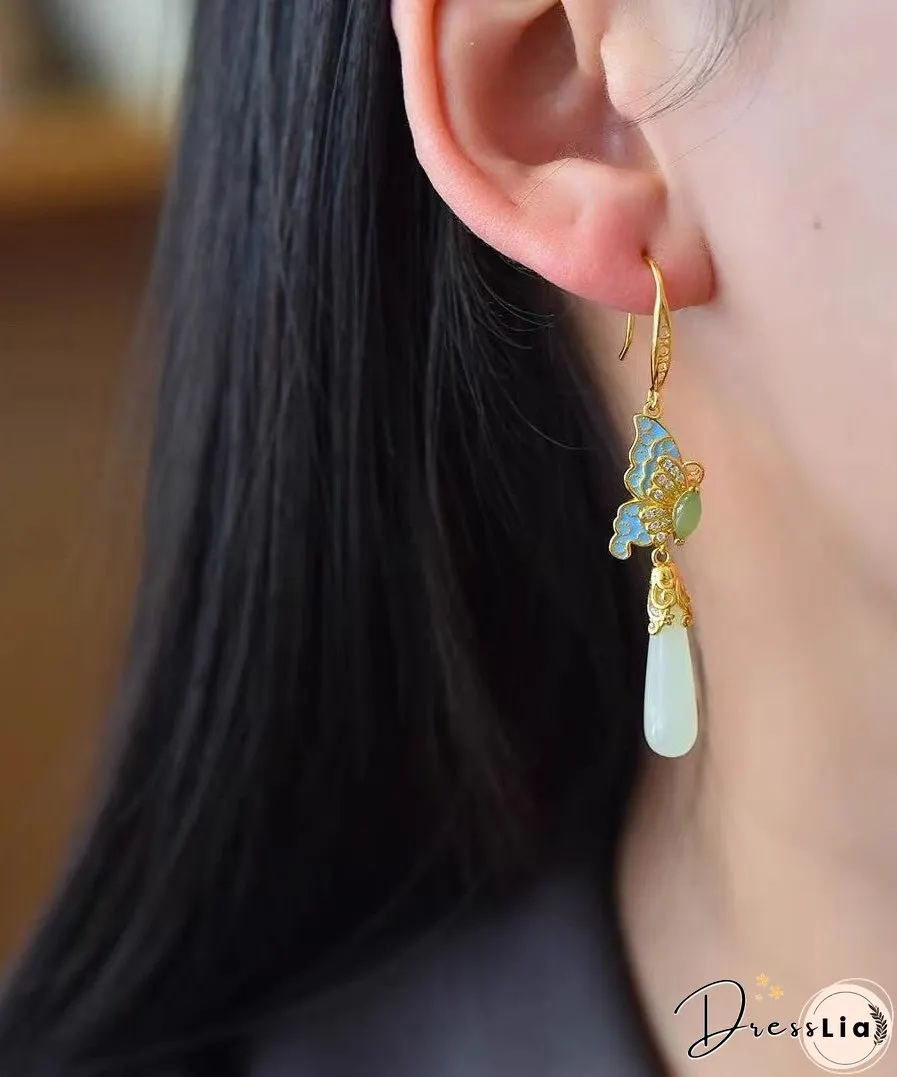Retro Gold Sterling Silver Overgild Jade Enamel Butterfly Water Drop Drop Earrings