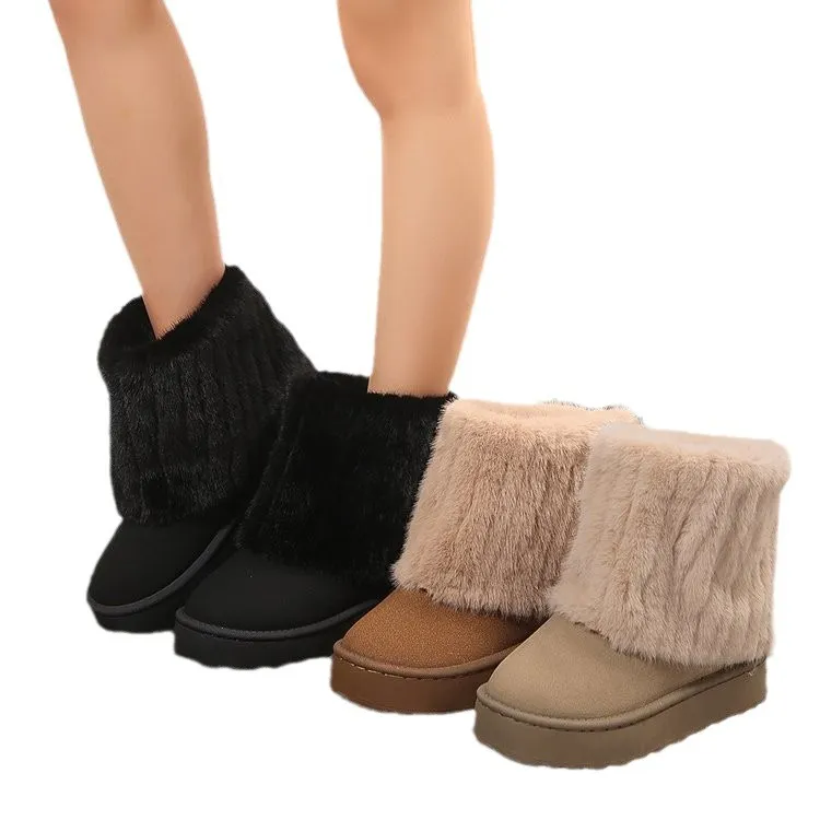 Breakj Breakj Thick-Bottomed Round Head Rolls Hairy Short-Snow Boots Women's Pine Cake Bottom Warm Thick Cotton Shoes