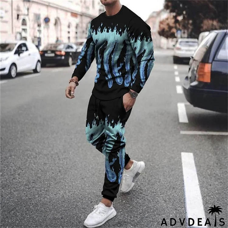 Men Plus Size Casual Long Sleeve Round Neck Graphic Printed Loose T-shirt And Drawstring Waist Jogger Pants Two-piece Set