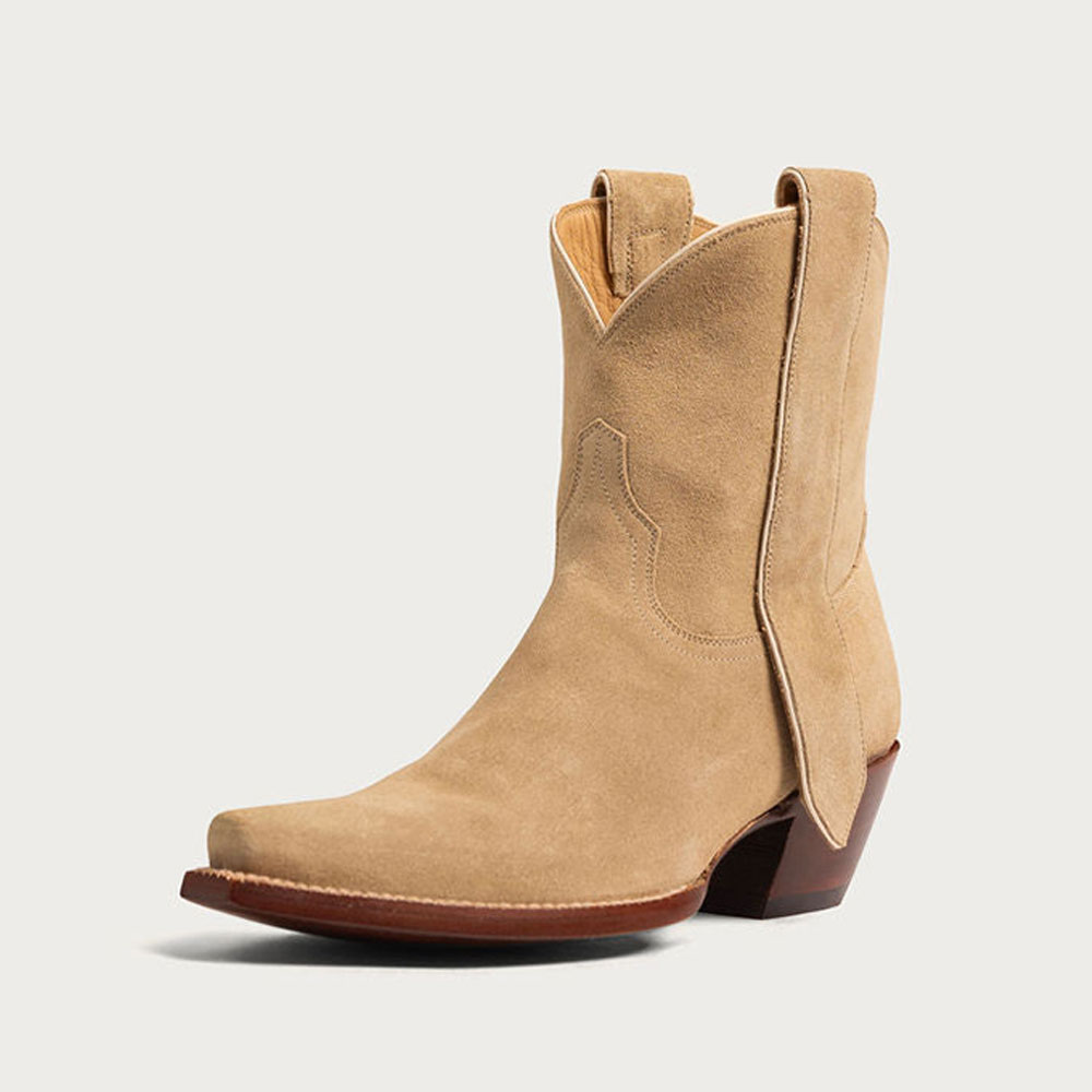Rustic Khaki Faux Suede Short Snip Toe Western Boots for Women Nicepairs