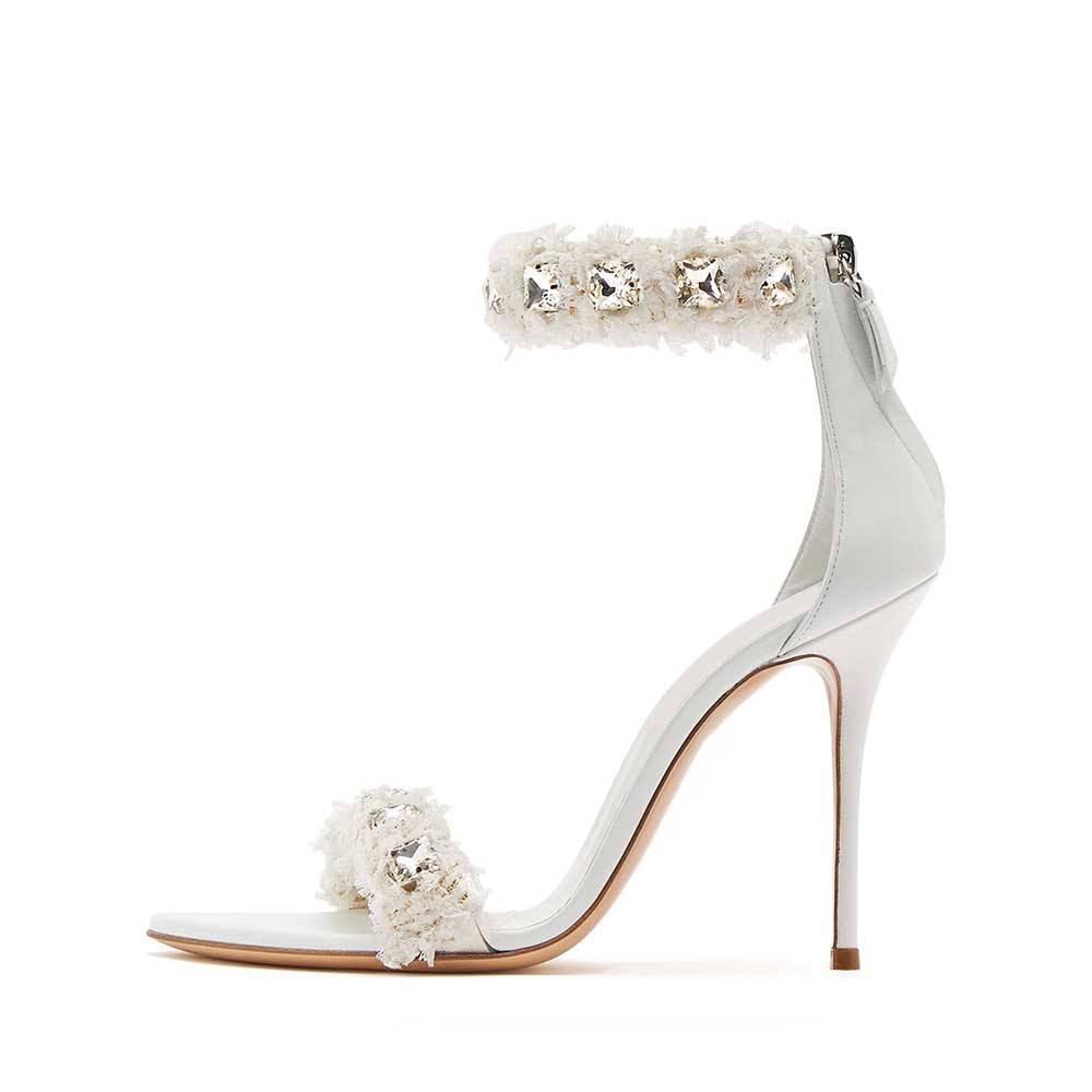 Ivory Pointed Toe 4'' Stiletto Heel Rhinestone Back-Zip Sandals Nicepairs