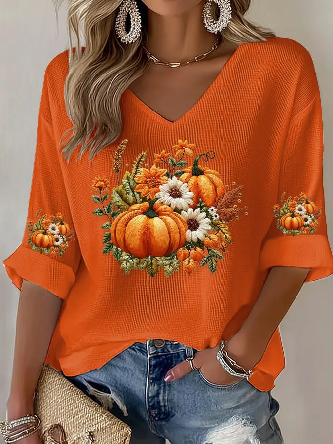 Women's Casual Autumn Pumpkin Waffle Long Sleeve T-shirt 