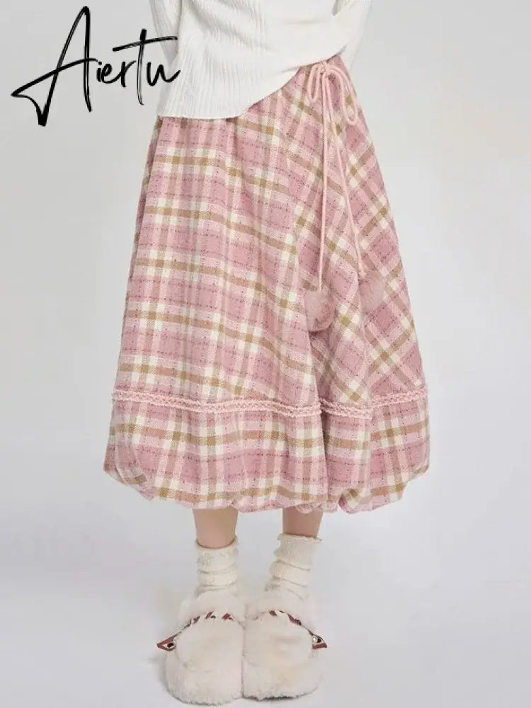 Kawaii Pink Plaid Skirt Women Japanese Fashion High Waist Lace-up Lace Patchwork Cute Long Skirt Autumn Winter Harajuku Aiertu