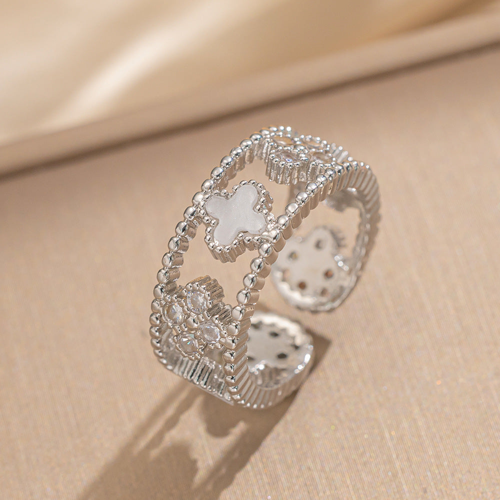 Ring Niche Four-Leaf Clover Zircon Ring Female Retro Open Adjustable Ring