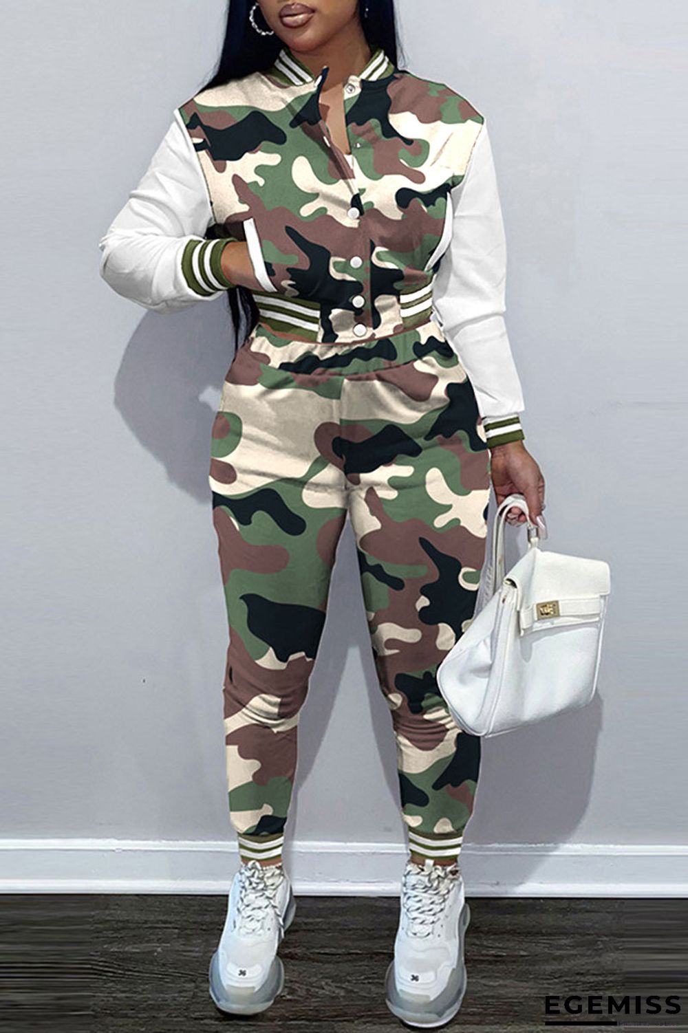 Army Green Casual Print Patchwork Buckle Long Sleeve Two Pieces | EGEMISS
