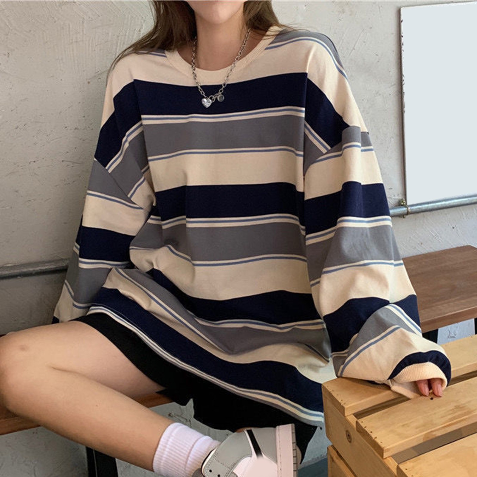 Kanonion Fashion Korean Style Striped Sweatshirts Crew Neck Y2k Tops For Women Preppy Clothes Color Blocking Ins Harajuku Pullover