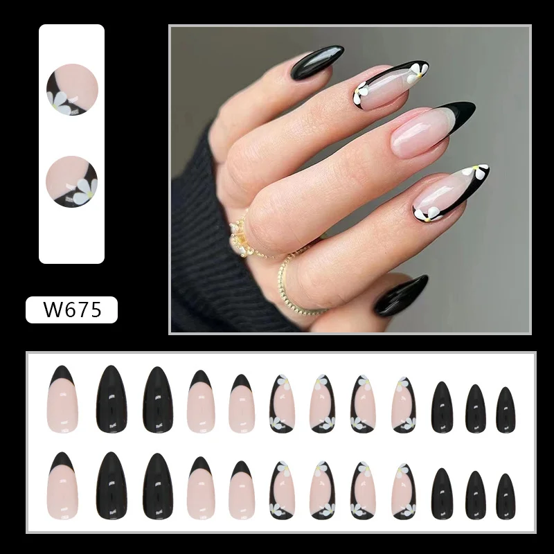 Churchf Churchf And Cool Girl Solid Color Bright Oil Black Nail Lovely Flower Flower False Nails Ins Wind Wear Armor