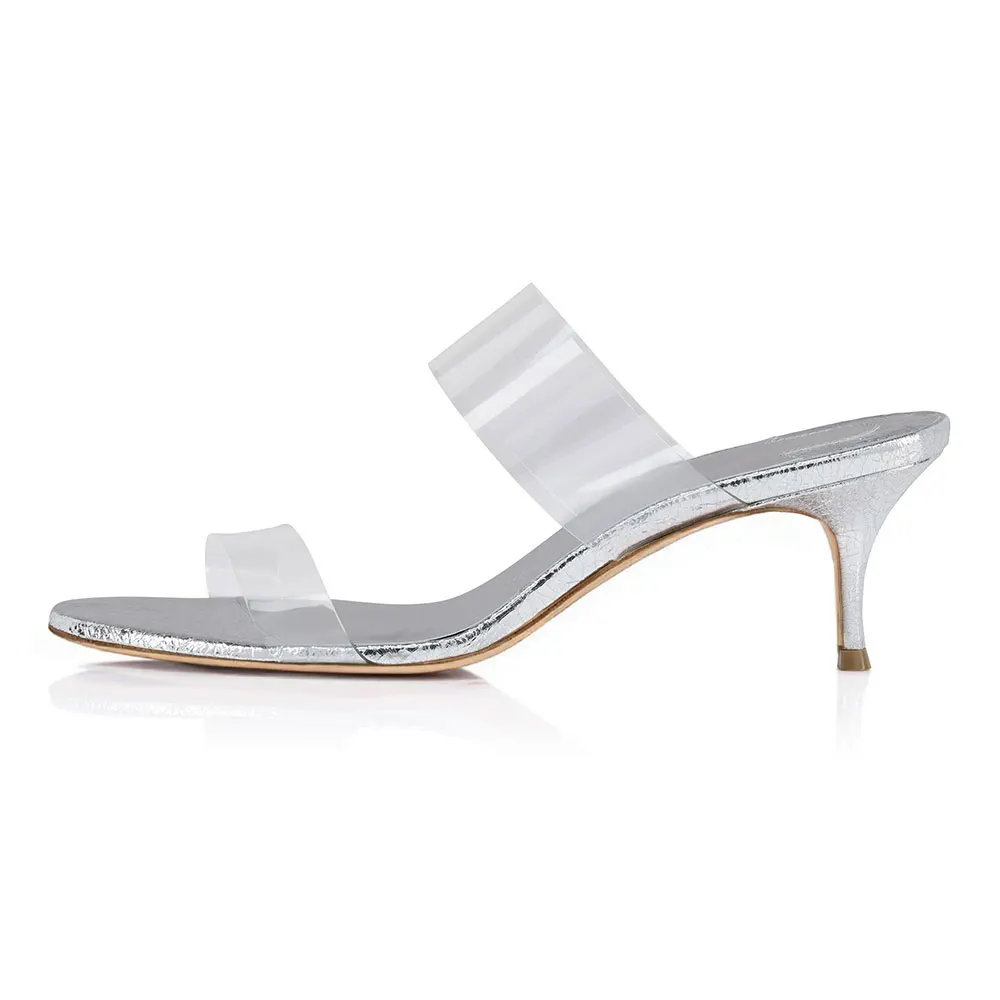 Women's Silver Round Toe Comfy Clear Strap Slip On Mule Heels