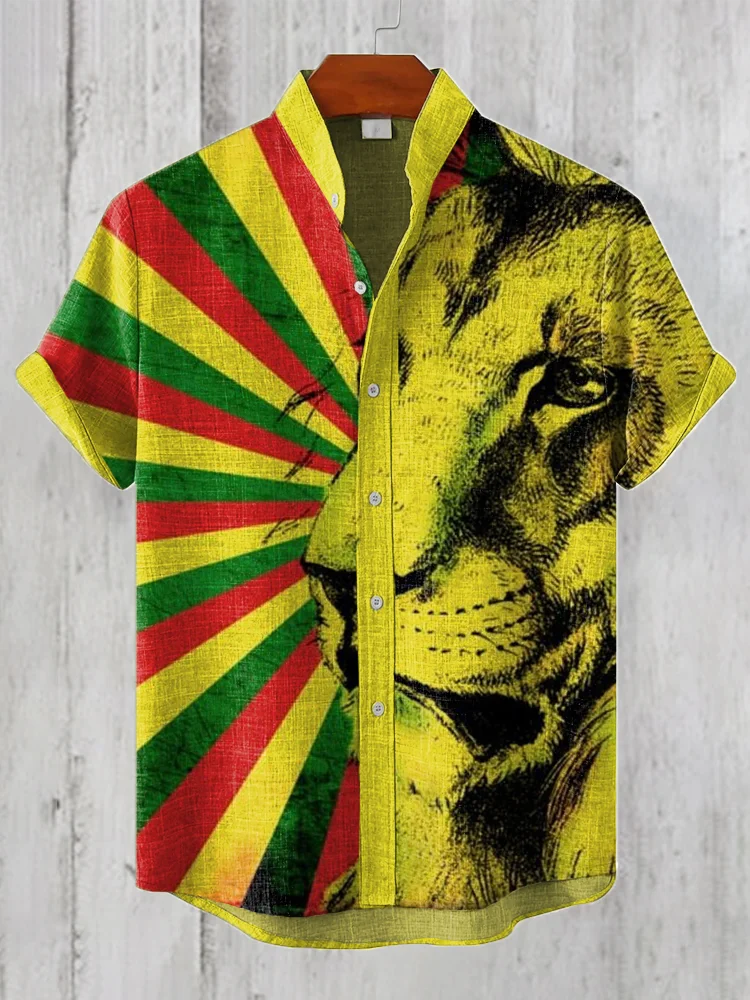 Men's Reggae Lion Art Print Linen Blend Vintage Shirt