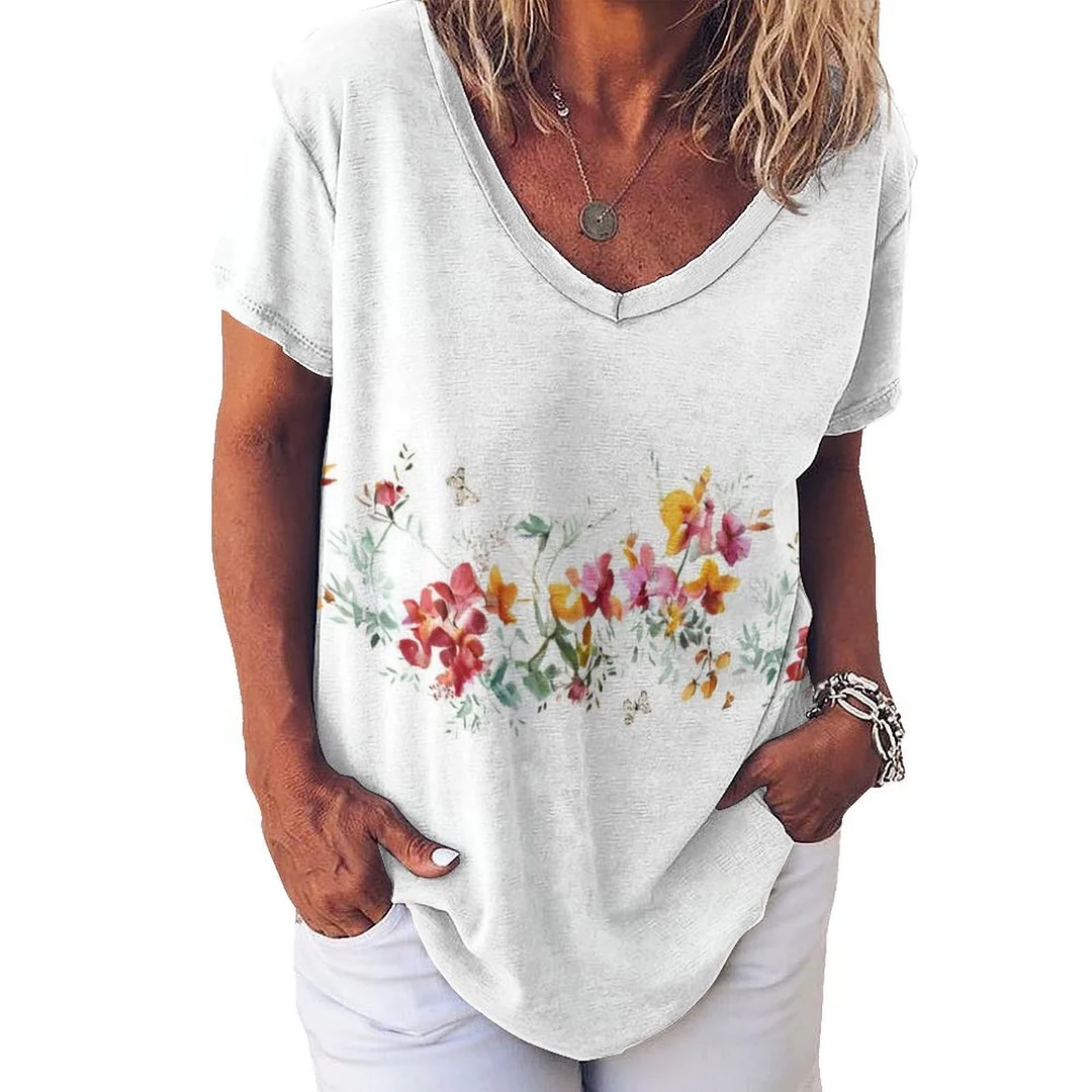 V-neck Short Sleeve Casual T-shirt for  Women Printed with Pattern Floral, Yellow, Pink