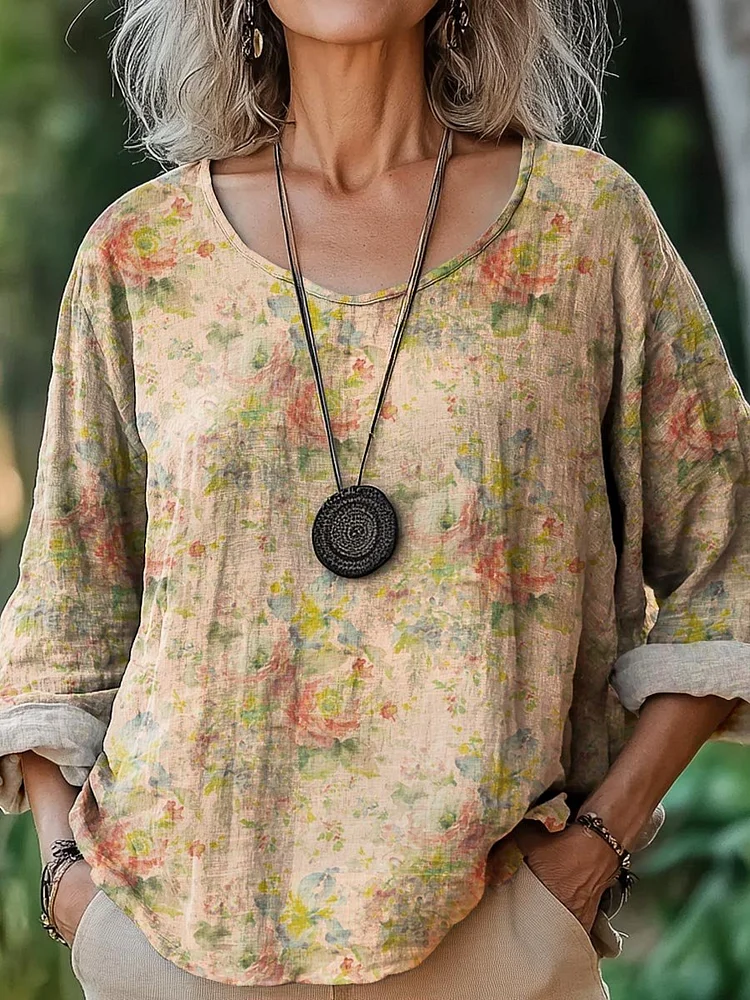 Women's Vintage Lovely Floral Art Print Casual Cotton And Linen Shirt