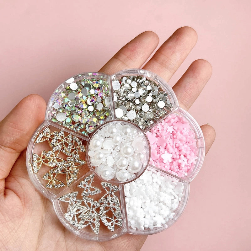 7-Grid Mixed Bow Pearl Nail Beauty Ornament Girl’s Style Mini Small Bow Tie Nail Material Package Box