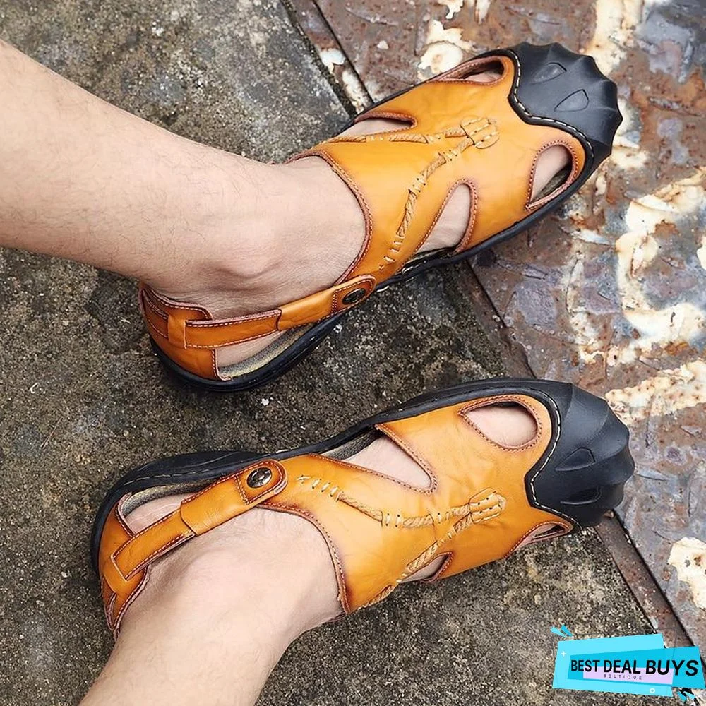 Mens Genuine Split Leather Beach Sandals Sneakers Men Slippers Flip Flops Summer Shoes