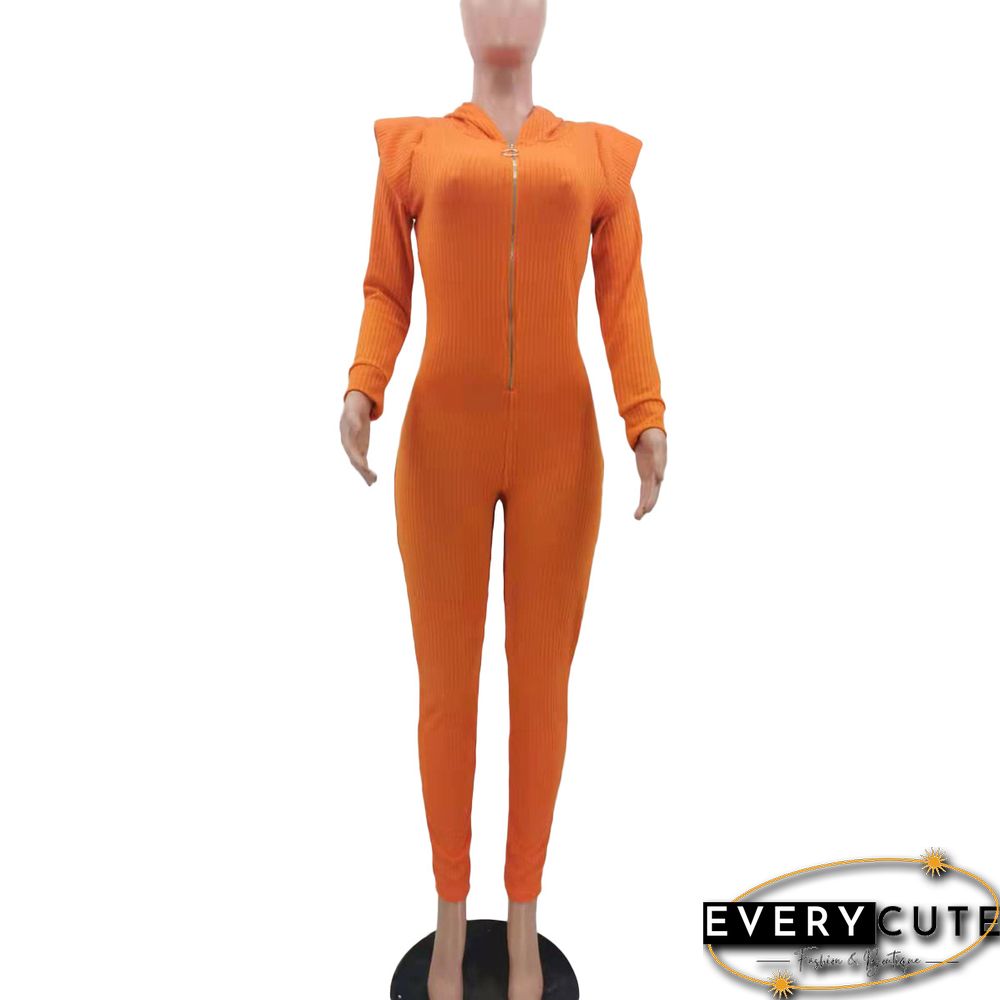 Knitted Long Sleeve Shoulder Padded Hooded Jumpsuit