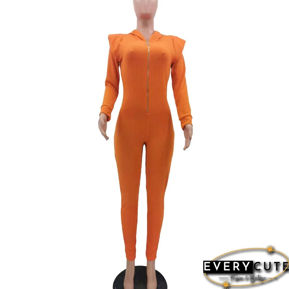 Knitted Long Sleeve Shoulder Padded Hooded Jumpsuit