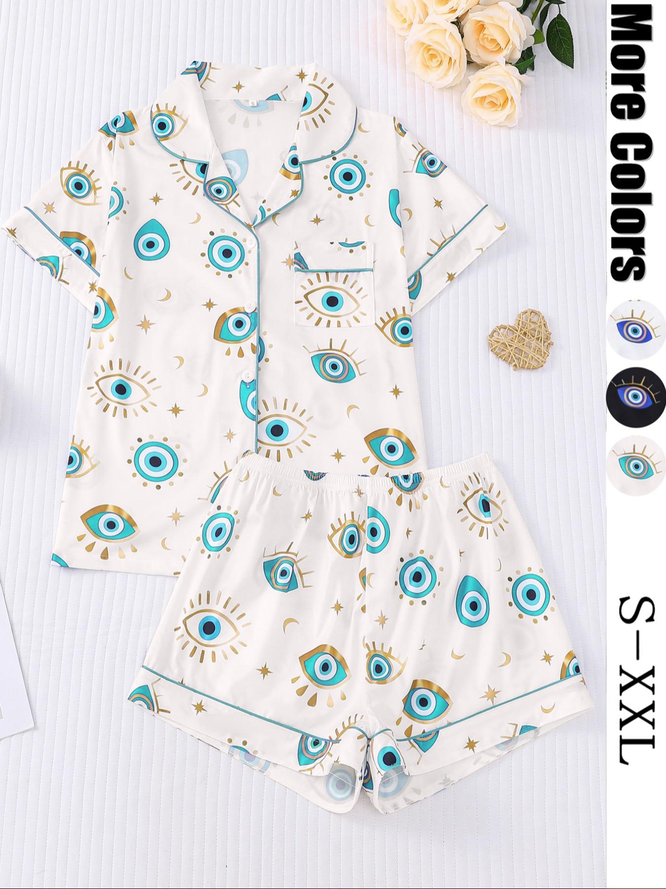 Women's All Over Cartoon Eye Print Short Sleeve Two-Piece Set, Comfy Button-Front Chest Pocket Lapel Neck Top & Elastic Waist Shorts PJ Set, Ladies Sleepwear for All Seasons, Pajamas, Loungewear