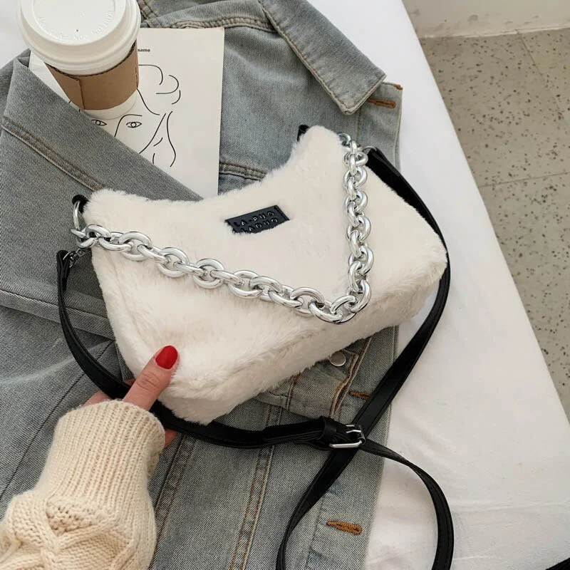 էѧӧܧ Small Leopard Soft Faux Fur Totes Bags With for Women 2021 Winter Simple Solid Color Fashion Luxury Handbags Purses