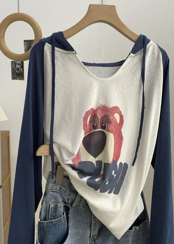 Loose Blue Print Patchwork Lace Up Hooded Top Long Sleeve